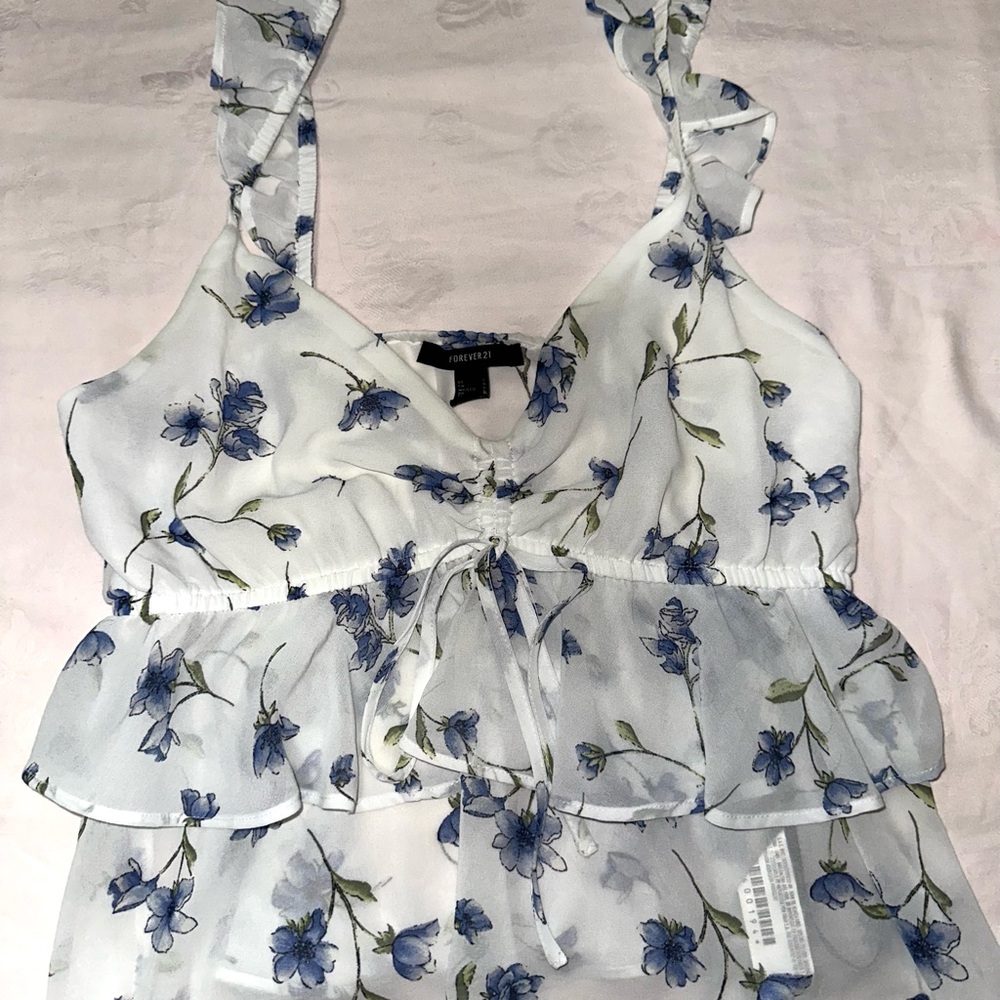 Forever 21 Floral Ruffle Blouse - White and Blue
